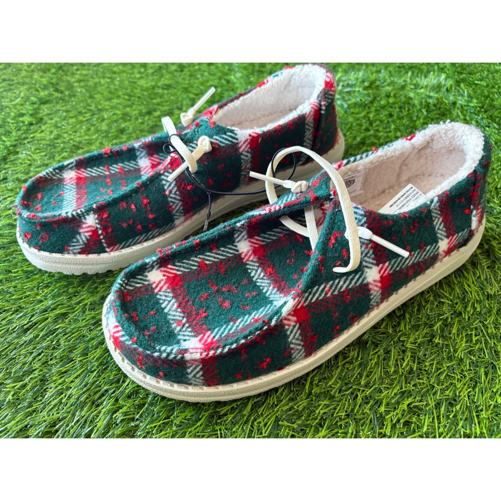 Hey Dude Wendy Confetti Plaid Cozy Red Green Multi Slip On Shoes 44274-7AD W7 WA